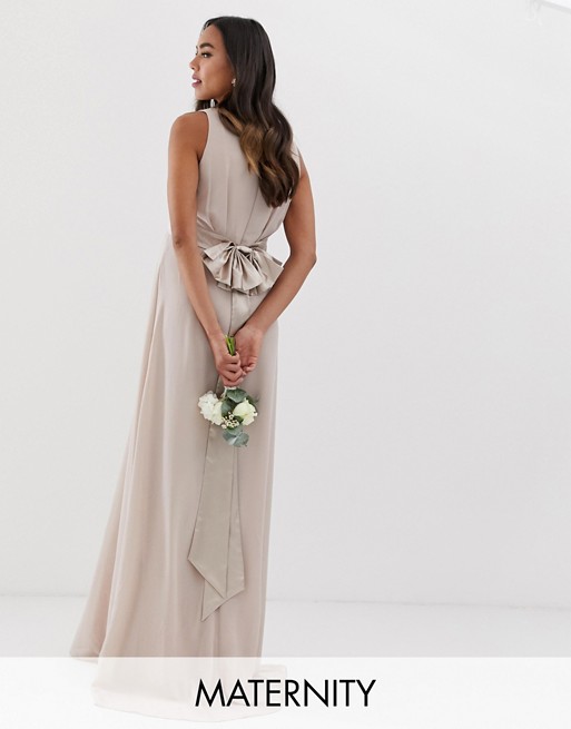 TFNC Maternity Bridesmaid exclusive bow back maxi in mink