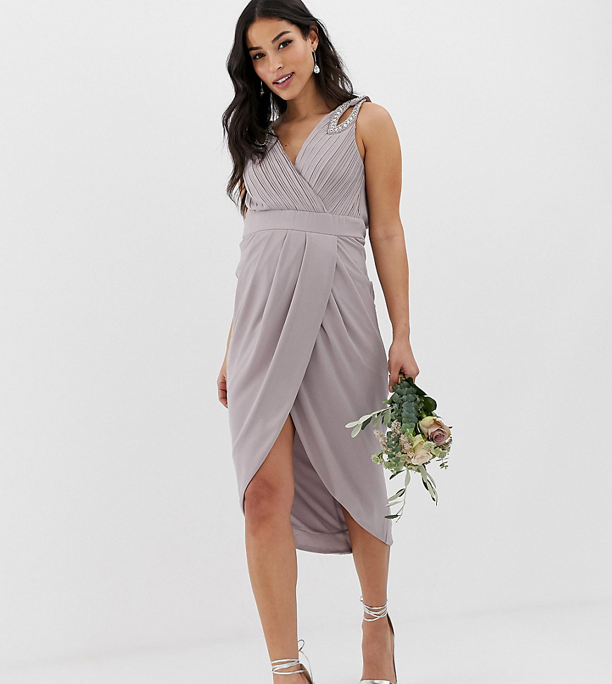 TFNC Maternity bridesmaid exclusive wrap midi dress with embellished shoulder in grey