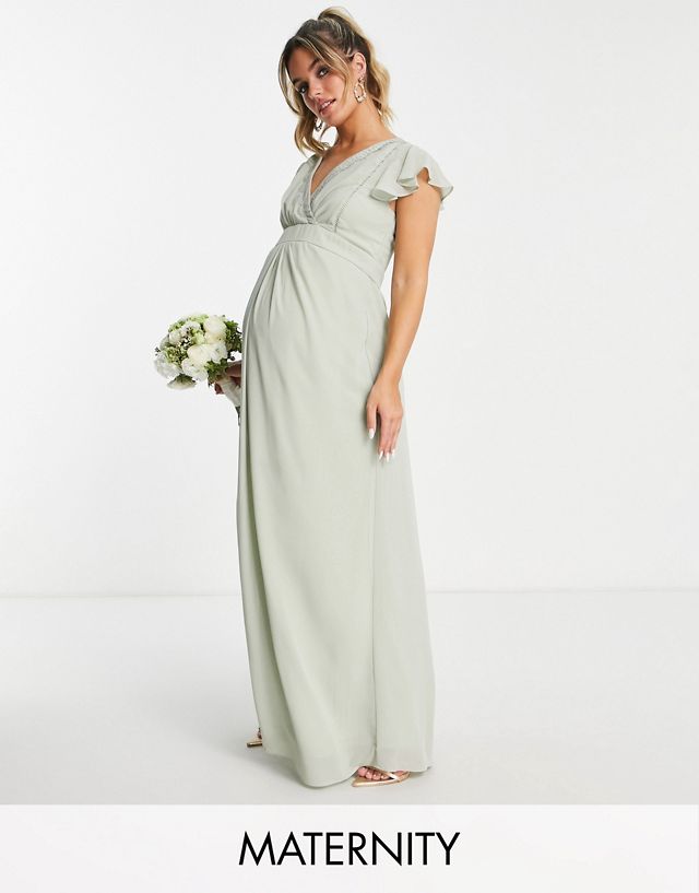 TFNC Maternity Bridesmaid flutter sleeve ruffle detail dress in light sage