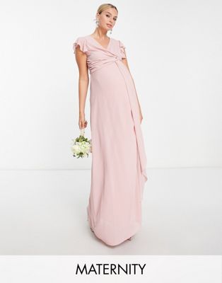 Tfnc Maternity Bridesmaid Plunge Front Flutter Sleeve Maxi Dress In Pink