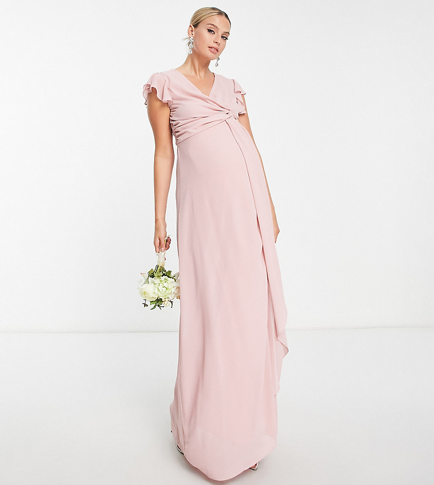 TFNC Maternity Bridesmaid flutter sleeve ruffle detail maxi dress in blush-Pink