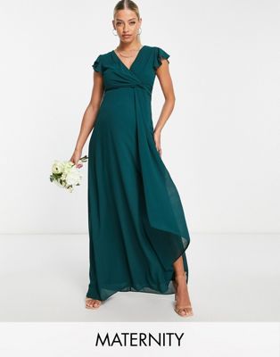 TFNC Maternity Bridesmaid flutter sleeve ruffle detail maxi dress in emerald