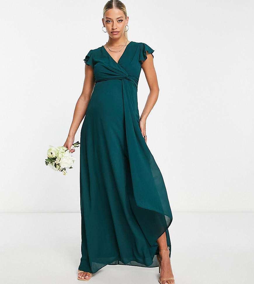 Tfnc Maternity Bridesmaid Flutter Sleeve Ruffle Detail Maxi Dress In Emerald-Green