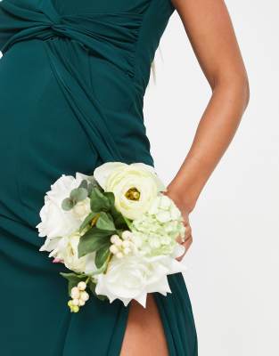 TFNC Maternity Bridesmaid flutter sleeve ruffle detail maxi dress in  emerald | ASOS