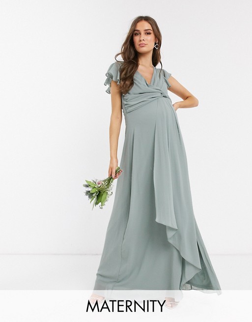 TFNC Maternity bridesmaid flutter sleeve ruffle detail maxi dress in sage