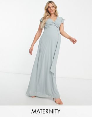 TFNC Maternity Bridesmaid flutter sleeve ruffle detail maxi dress in sage