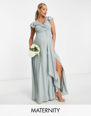 Tfnc Maternity Bridesmaid Flutter Sleeve Ruffle Detail Maxi Dress In Sage-green