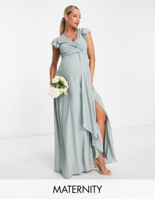 asos TFNC Maternity Bridesmaid flutter sleeve ruffle detail maxi dress in sage