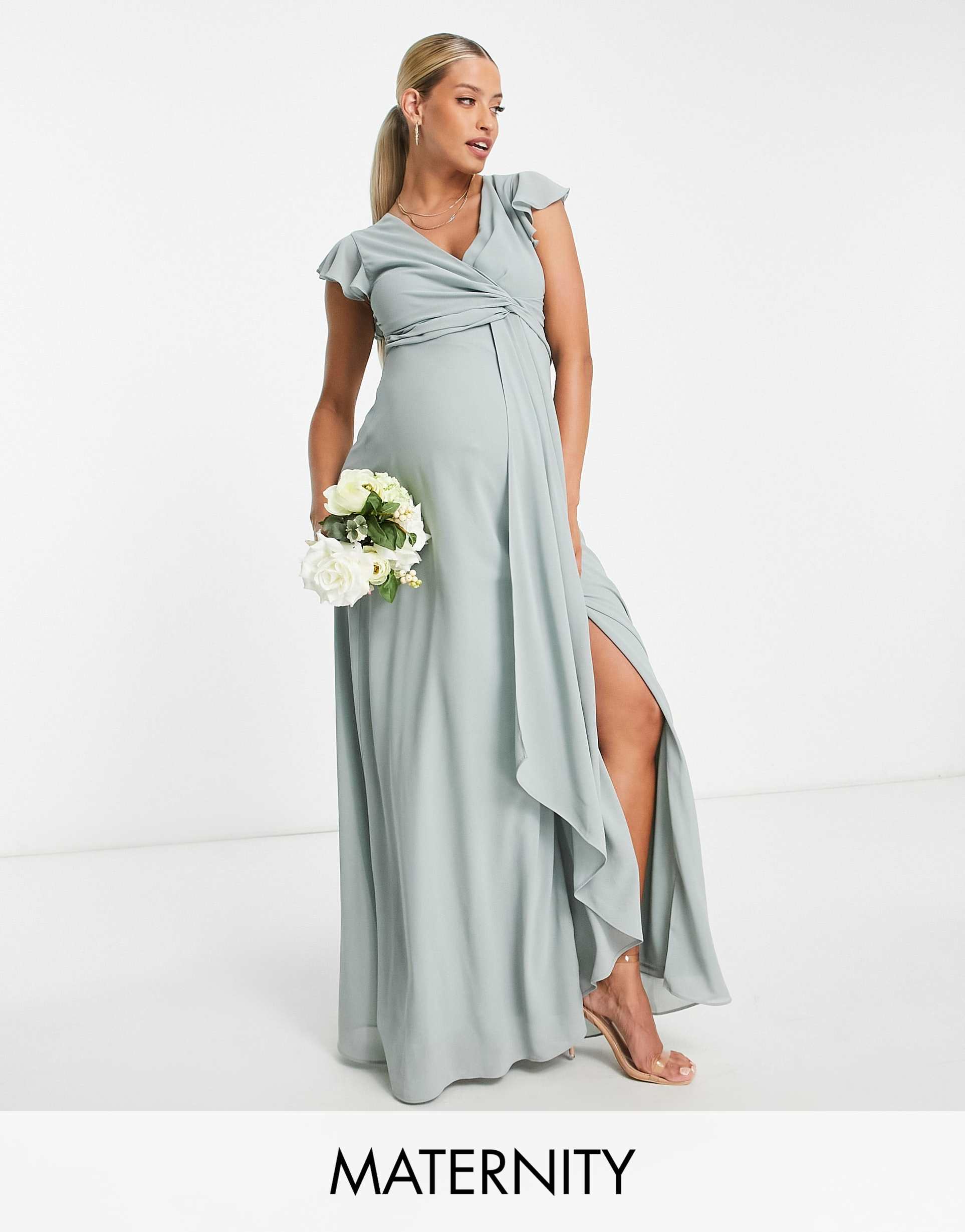 tfnc maternity bridesmaid flutter sleeve ruffle detail maxi dress in sage