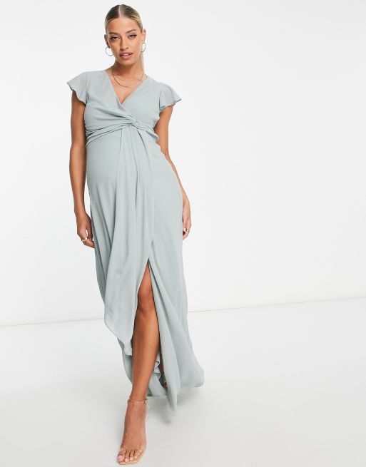 Tfnc Maternity Bridesmaid Flutter Sleeve Ruffle Detail Dress in Light sage Green