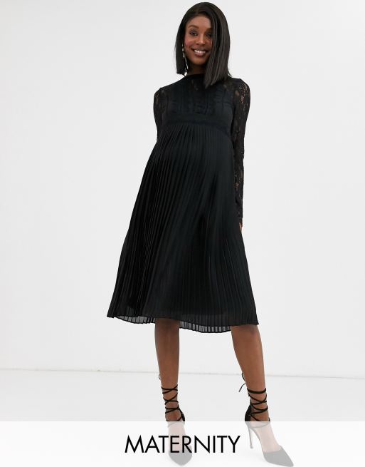 Tfnc Maternity Bridesmaid High Neck Long Sleeve Pleated Midi Dress With Lace Inserts In Black Asos 