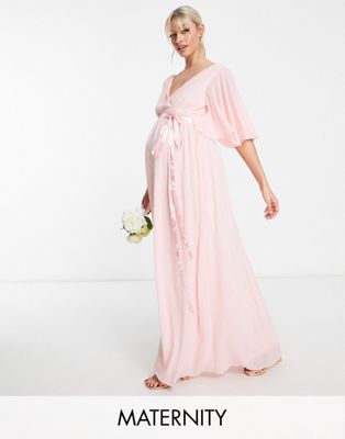 TFNC Maternity Bridesmaid kimono sleeve pleated maxi dress with angel sleeve in whisper pink
