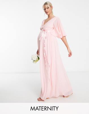 Tfnc Maternity Bridesmaid Kimono Sleeve Pleated Maxi Dress With Angel Sleeve In Whisper Pink