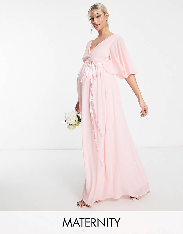 TFNC Maternity Bridesmaid kimono sleeve pleated maxi dress with angel sleeve in whisper pink