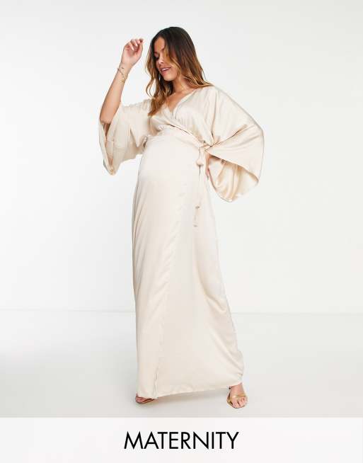 TFNC Maternity Bridesmaid kimono sleeve satin wrap maxi dress in mink