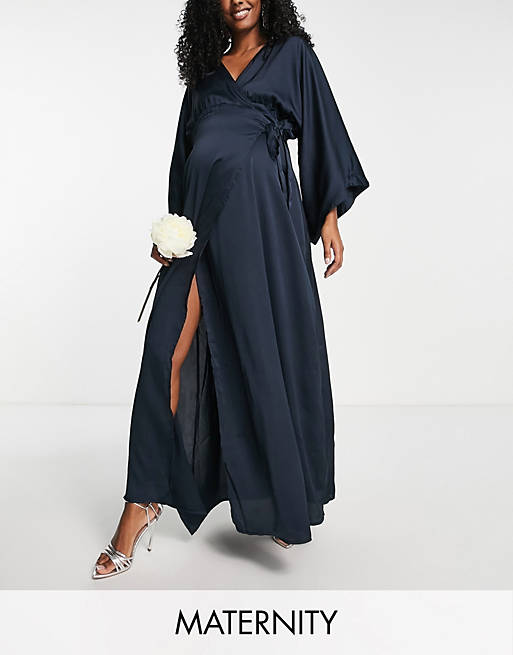 TFNC Maternity Bridesmaid kimono sleeve satin wrap maxi dress in navy