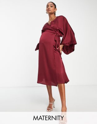 TFNC Maternity Bridesmaid kimono sleeve satin wrap midi dress in berry