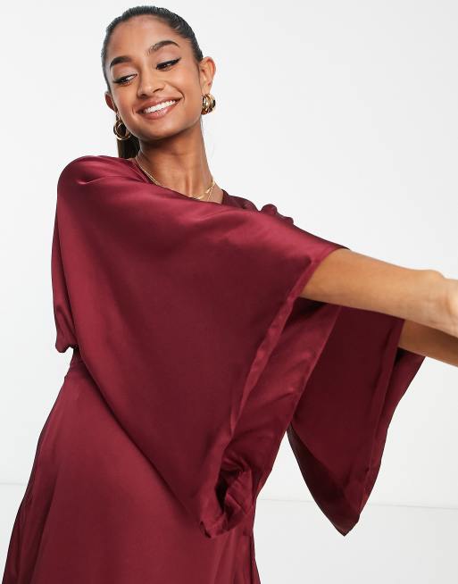 TFNC Maternity Bridesmaid kimono sleeve satin wrap midi dress in berry ASOS