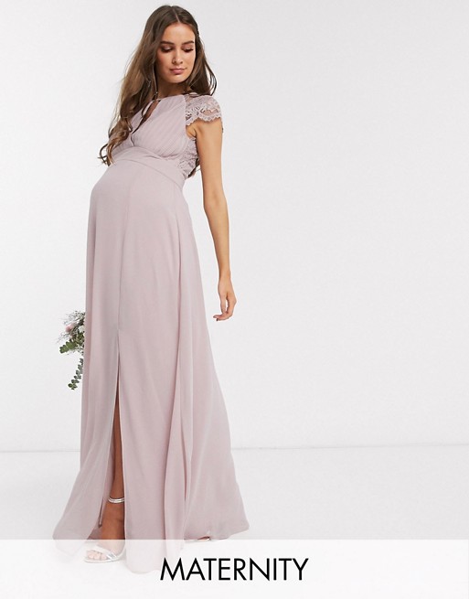 TFNC Maternity bridesmaid lace sleeve maxi dress in pink