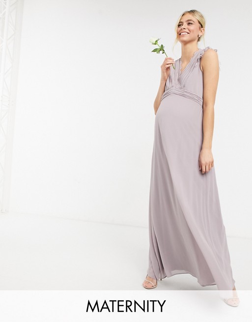 TFNC Maternity bridesmaid lace trim plunge front maxi dress in grey