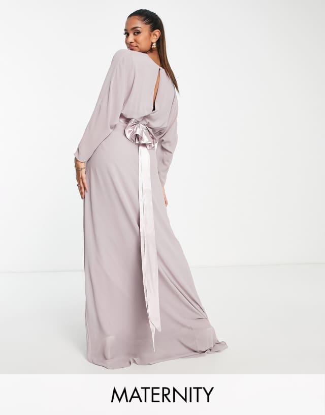 TFNC Maternity Bridesmaid long sleeve maxi dress with bow back in lavender gray