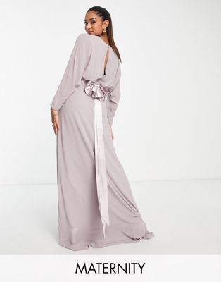 TFNC Maternity Bridesmaid long sleeve maxi dress with bow back in lavender grey