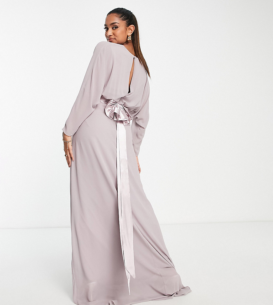 TFNC Maternity Bridesmaid long sleeve maxi dress with bow back in lavender grey