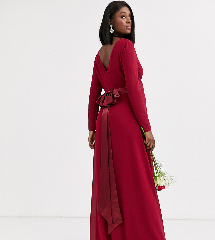 TFNC Maternity Bridesmaid long sleeve maxi dress with bow back in mulberry-Red