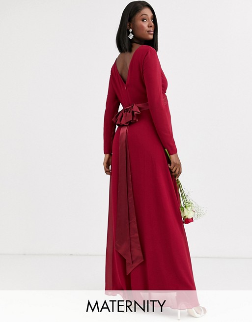 TFNC Maternity Bridesmaid long sleeve maxi dress with bow back in mulberry