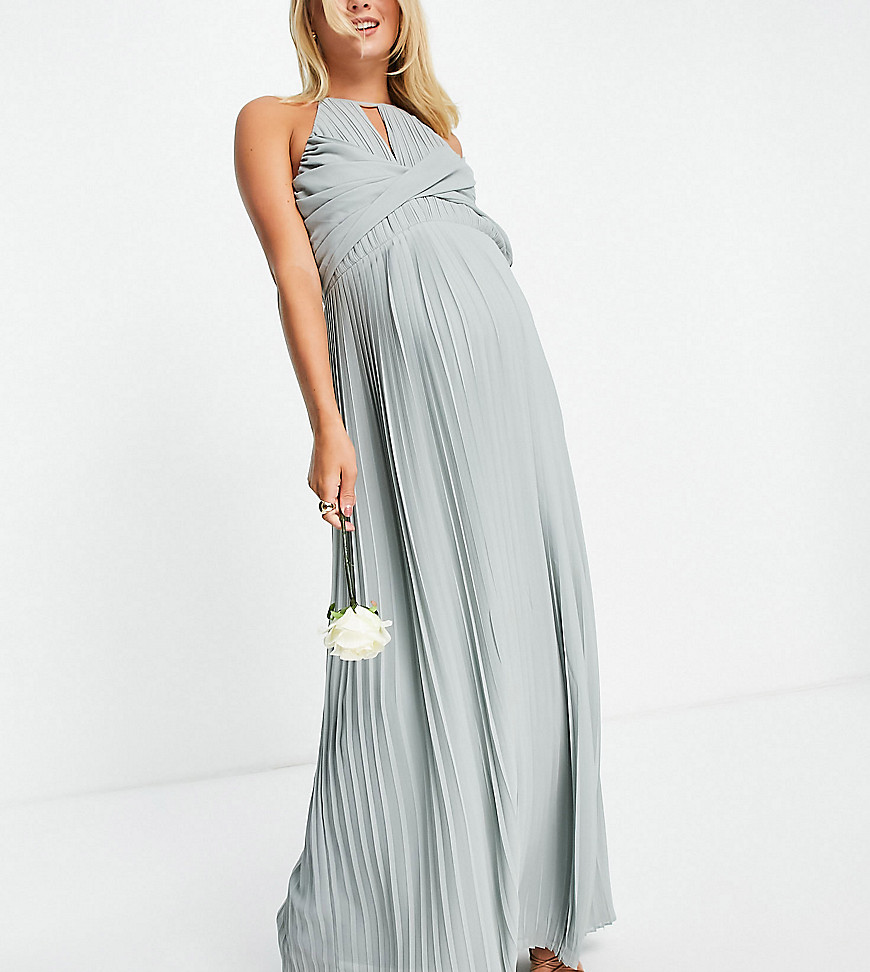 TFNC Maternity bridesmaid pleated wrap detail max dress in sage-Green