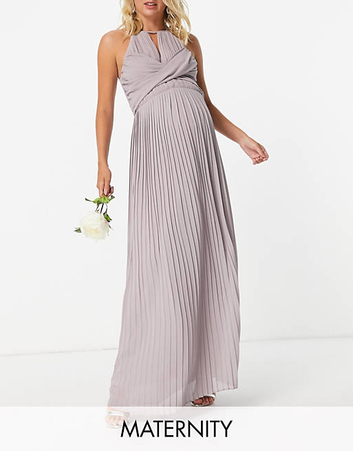 TFNC Maternity bridesmaid pleated wrap detail maxi dress in grey