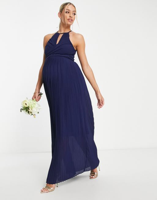 TFNC Maternity bridesmaid pleated wrap detail maxi dress in navy