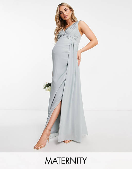 TFNC Maternity Bridesmaid plunge front maxi dress in sage green | ASOS