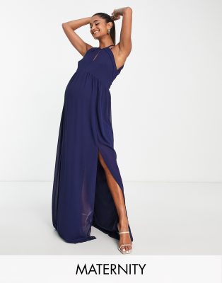 Tfnc Maternity Bridesmaid Strappy Back Halter Neck Dress In Navy