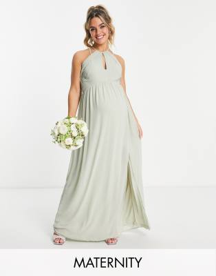 Tfnc Maternity Bridesmaid Strappy Back Halter Neck Dress In Sage Green