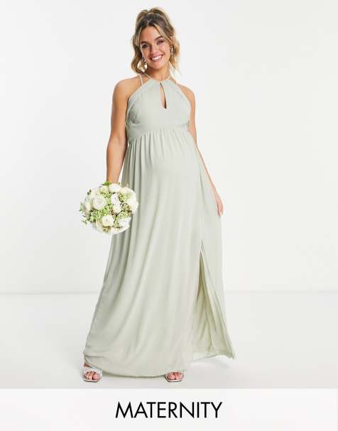 TFNC Maternity Bridesmaid strappy back halter neck dress in sage green - view 1