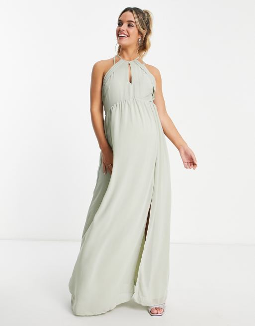 maternity sage green bridesmaid dress Plus Size Long Mint Bridesmaid Dresses V Neck Tulle Maternity Bridesmaid Dress ARD1703 main image 1