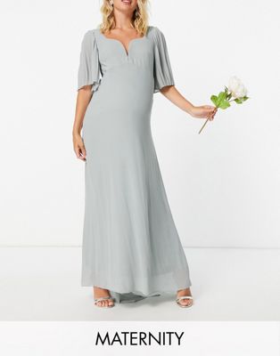 TFNC Maternity bridesmaid sweetheart neck flutter sleeve maxi dress in sage-Green