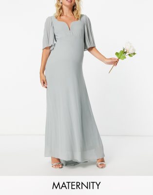 TFNC Maternity bridesmaid sweetheart neck flutter sleeve maxi dress in sage-Green