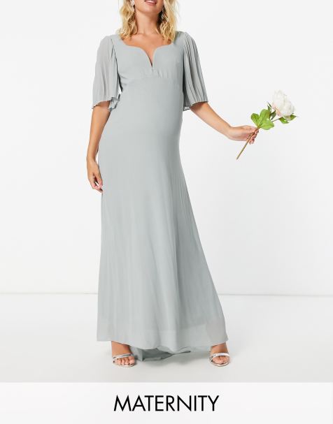 TFNC Maternity bridesmaid sweetheart neck flutter sleeve maxi dress in sage - view 1