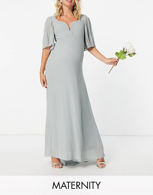 TFNC Maternity bridesmaid sweetheart neck flutter sleeve maxi dress in sage