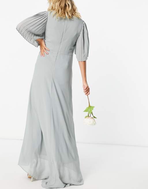 TFNC Maternity bridesmaid sweetheart neck flutter sleeve maxi dress in sage, 2 of 4