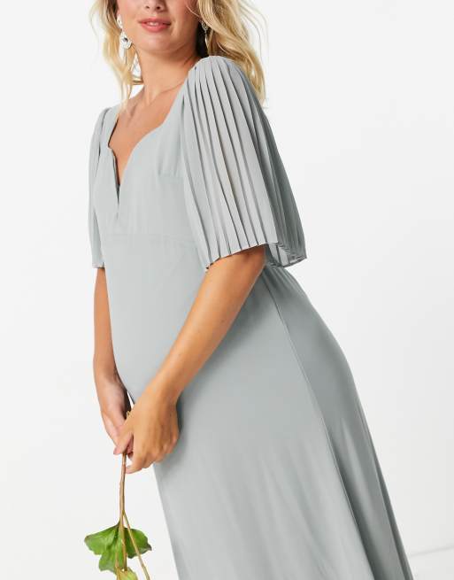 TFNC Maternity bridesmaid sweetheart neck flutter sleeve maxi dress in sage, 3 of 4