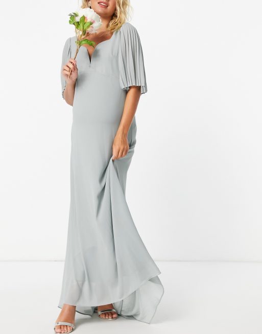 TFNC Maternity bridesmaid sweetheart neck flutter sleeve maxi dress in sage, 4 of 4