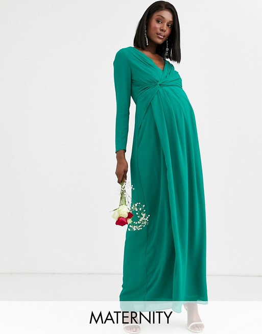 TFNC Maternity Bridesmaid twist knot wrap maxi dress in emerald green