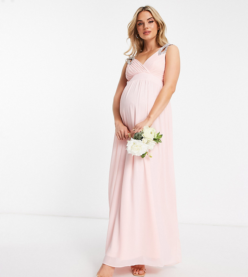 tfnc maternity bridesmaid wrap front chiffon maxi dress with embellished shoulder detail in whisper pink