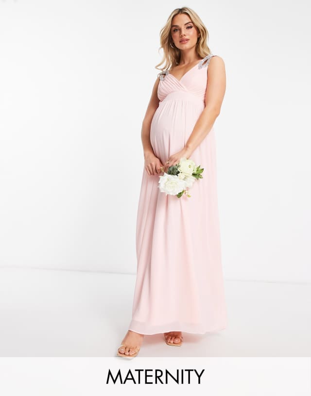 TFNC Maternity Bridesmaid wrap front chiffon maxi dress with embellished shoulder detail in whisper pink