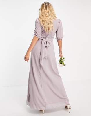 tfnc bridesmaid exclusive pleated maxi dress in grey Guest Dresses Chiffon Maxi TFNC Maternity Bridesmaid Wrap Front Maxi Dress In Light Gray ASOS Bridesmaid chiffon