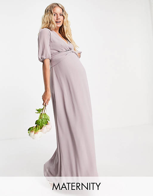 TFNC Maternity Bridesmaid wrap front maxi dress in light grey
