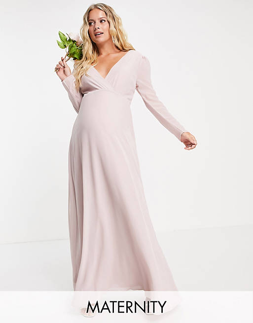 TFNC Maternity Bridesmaid wrap front maxi dress with back detail in mink